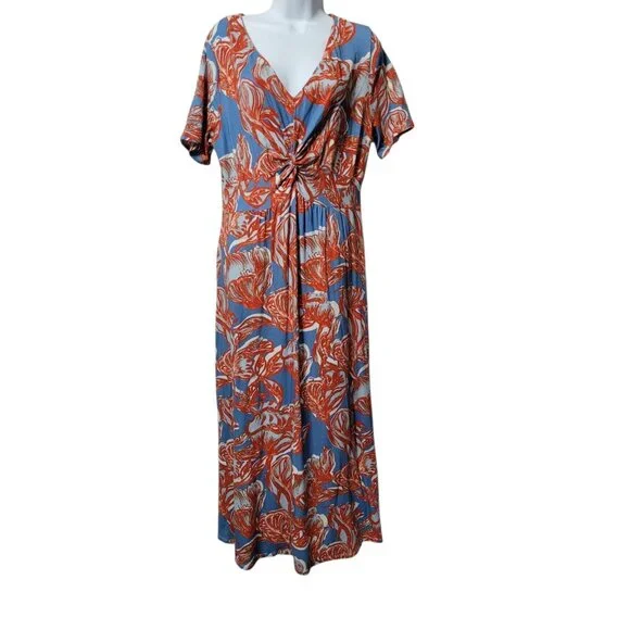 Soft Surroundings Maxi Dress L Blue Red Floral Twist Front Empire Soft Knit - Picture 8 of 14